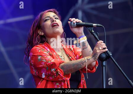 BARCELONA - JUL 9: Ana Tijoux (Chilean-French singer and musician) performs at Cruïlla festival on July 9, 2021 in Barcelona, Spain. Stock Photo