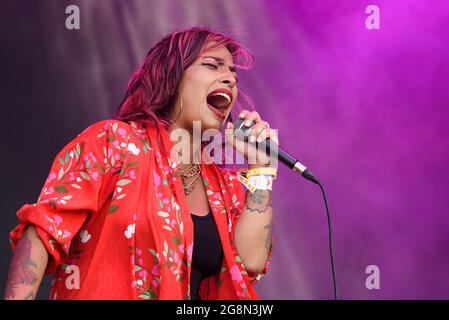 BARCELONA - JUL 9: Ana Tijoux (Chilean-French singer and musician) performs at Cruïlla festival on July 9, 2021 in Barcelona, Spain. Stock Photo