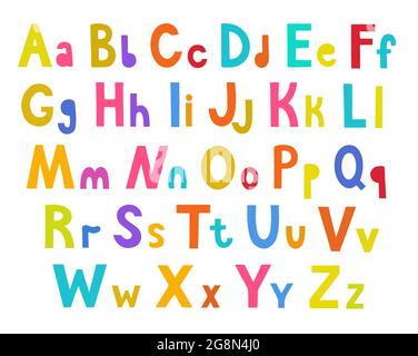 Cartoon hand drawn abc letters isolated on white background in bright warm colors. Stock Vector