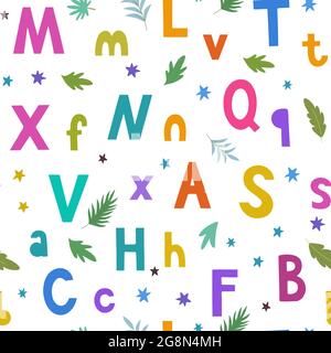 Seamless pattern with bright colorful hand drawn doodle letters and stars for children and baby design and accessories. Stock Vector