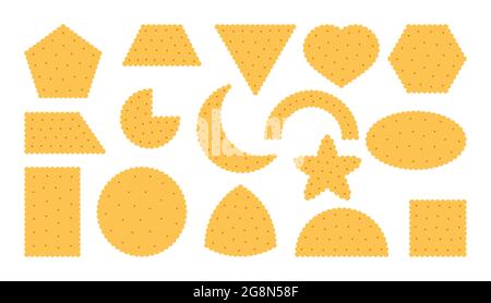 Wheat biscuit icons set. Breakfast snack, cracker in flat cartoon style. Collection tasty food cookies different shape top view circle, square. Pastry cookie. Isolated on white vector illustration Stock Vector