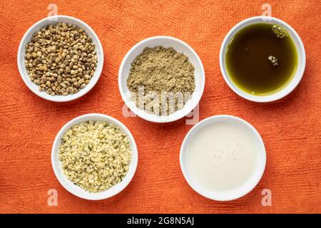 collection of hemp seed products: hearts, protein powder, milk and oil in small white bowls against textured orange paper, superfood concept Stock Photo