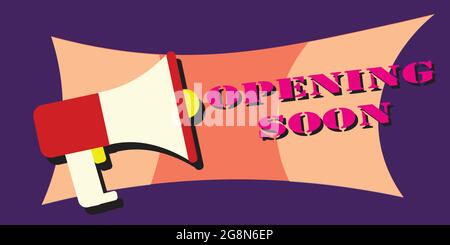 Purple vector banner opening soon with megaphone Stock Vector