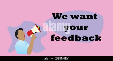 Purple vector banner we want your feedback  with a man shouting using the megaphone Stock Vector