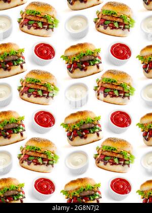 Seamless pattern of burgers and sauces on white background. Stock Photo