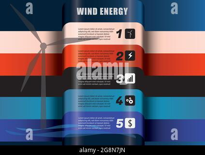Abstract 3D wind energy power infographics. Renewable energy from wind turbines presentation. Vector and illustration design. Stock Vector