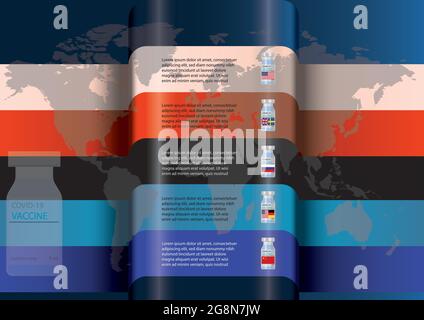 Abstract Coronavirus Covid-19 vaccine infographics. Vaccine vial or bottle with flag of manufacturer countries. Vector and illustration design. Stock Vector