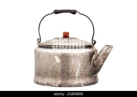 Antique Aluminum Tea Kettle On White Background Stock Photo