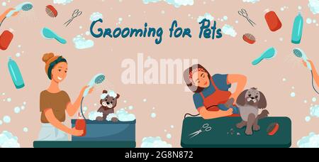Grooming for pets banner. Salon for dogs. Template for web page design. Vector illustration in flat style Stock Vector