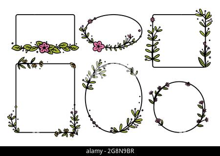 Rustic wreaths dividers with handdrawn flowers. Rectangle and circle doodle wreaths. Doodle vector illustration isolated in white background Stock Vector
