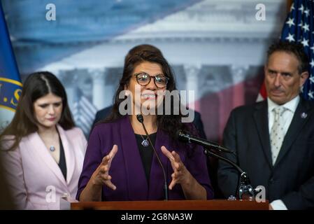 Washington, United States Of America. 21st July, 2021. United States Representative Rashida Tlaib (Democrat of Michigan) offers remarks on the pending passage of H.R. 2467, the PFAS Action Act during a press conference at the US Capitol in Washington, DC, Wednesday, July 21, 2021. Credit: Rod Lamkey/CNP/Sipa USA Credit: Sipa USA/Alamy Live News Stock Photo