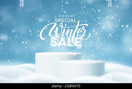 Winter Product podium on the background of drifts, snowflakes and snow. Realistic product podium for winter and christmas discount design, sale Stock Vector