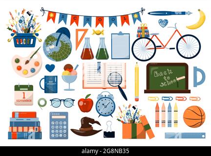 Back to school. Big vector set. Stationery for school, university and office. Cartoon school supplies. A set of colored icons. Flat illustrations for Stock Vector