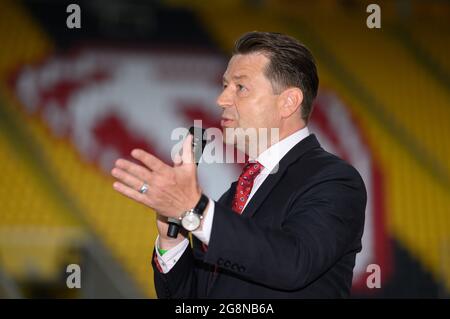 Dresden, Germany. 21st July, 2021. Football: 2. Bundesliga, general meeting SG Dynamo Dresden, at Rudolf-Harbig-Stadion. Dynamo President Holger Scholze addresses the members. Credit: Robert Michael/dpa-Zentralbild/dpa - IMPORTANT NOTE: In accordance with the regulations of the DFL Deutsche Fußball Liga and/or the DFB Deutscher Fußball-Bund, it is prohibited to use or have used photographs taken in the stadium and/or of the match in the form of sequence pictures and/or video-like photo series./dpa/Alamy Live News Stock Photo