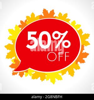 Autumn sale creative golden leaf frame. Seasonal ad poster, red color, up to 50 percent off business marketing banner. Fall seasonal advertising templ Stock Vector