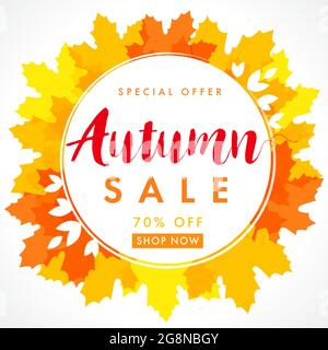 Autumn sale creative herbal leaf frame. Seasonal ad poster, red color, up to 70 percent off business marketing banner. Fall seasonal advertising templ Stock Vector