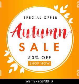 Autumn sale creative herbal leaf frame. Seasonal ad poster, red color, up to 50 percent off business marketing banner. Fall seasonal advertising templ Stock Vector