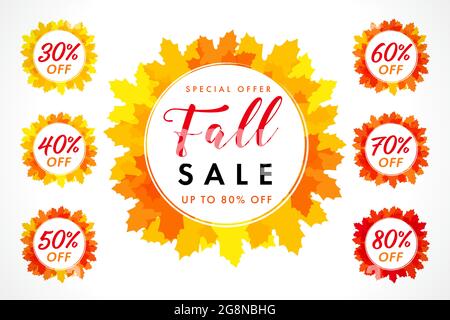 Autumn sale creative herbal leaf frame. Seasonal ad poster, red color, up to 80 percent off business marketing banner. Fall seasonal advertising templ Stock Vector