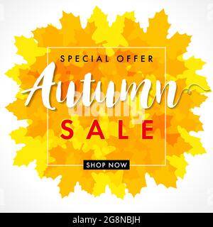 Autumn sale creative herbal leaf frame. Seasonal ad poster, yellow color, percent off discount business marketing banner. Fall seasonal advertising te Stock Vector