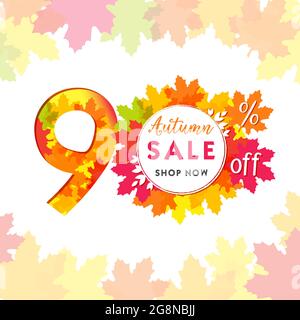 Autumn sale creative number. Seasonal ad poster, red, yellow and orange colors, up to 90 percent off business marketing banner. Fall seasonal advertis Stock Vector