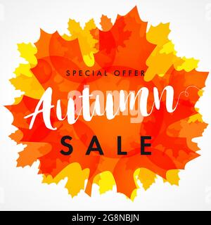 Autumn sale creative herbal leaf frame. Seasonal ad poster, red color, percent off discount business marketing banner. Fall seasonal advertising templ Stock Vector