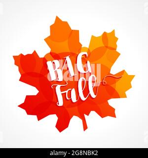 Autumn sale creative maple leaf. Seasonal ad poster, red color banner. Fall seasonal advertising template. Isolated graphic design. 3D sticker. Stock Vector