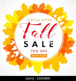 Autumn sale creative herbal leaf frame. Seasonal ad poster, red, yellow, orange colors, up to 70 percent off business marketing banner. Fall seasonal Stock Vector