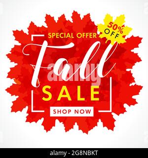 Autumn sale creative golden leaf frame. Seasonal ad poster, red color, up to 50 percent off business marketing banner. Fall seasonal advertising templ Stock Vector