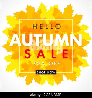 Autumn sale creative herbal leaf frame. Seasonal ad poster, red, yellow, orange colors, up to 70 percent off business marketing banner. Fall seasonal Stock Vector