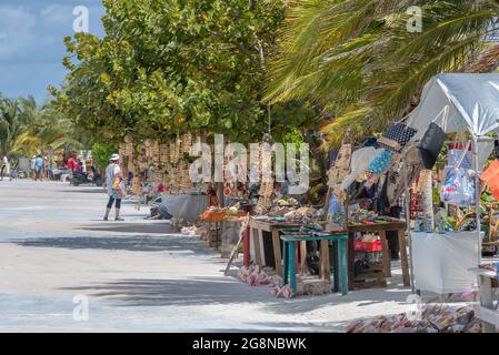 Handmade souvenir stand with various oroducts, Mahahual, Costa Maya, Mexico Stock Photo