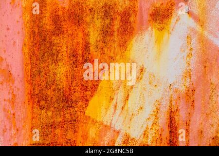 Rusty texture. Old Red Rusty Plaster Wall With Worn Surface Vertical Empty Grunge Background. Brown Red Brickwall With Shabby Stucco Finishing Layer Stock Photo
