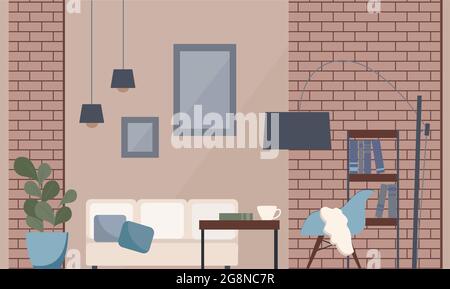 modern loft style interior. Vector illustration of the living room, brick walls, white sofa, coffee table, armchair, bookcase, metal floor lamp, paintings, books, cup on the table. Brown, black, gray. Stock Vector