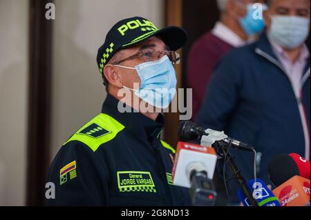 Major general of police Jorge Vargas, using the new police uniform speaks live to the press during a press conference were Minister of Defense Diego Molano and Interior Minister Daniel Palacios along right hand senators Maria Fernanda Cabal and Ernesto Macias at Colombian Congress in Bogota, Colombia on July 21, 2021. Stock Photo