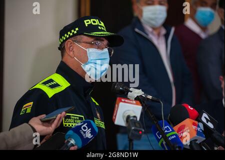 Major general of police Jorge Vargas, using the new police uniform speaks live to the press during a press conference were Minister of Defense Diego Molano and Interior Minister Daniel Palacios along right hand senators Maria Fernanda Cabal and Ernesto Macias at Colombian Congress in Bogota, Colombia on July 21, 2021. Stock Photo