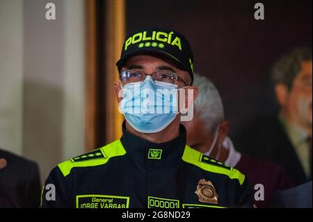 Major General of Police Jorge Luis Vargas during a press conference were Minister of Defense Diego Molano and Interior Minister Daniel Palacios along right hand senators Maria Fernanda Cabal and Ernesto Macias at Colombian Congress in Bogota, Colombia on July 21, 2021. Stock Photo