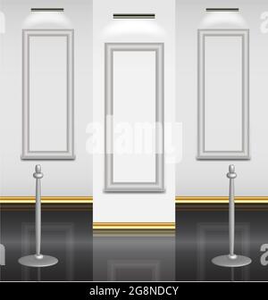 Virtual museum exposition hall with three empty highlighted frames ready for picture framing Stock Vector