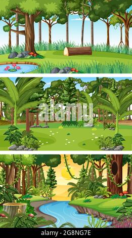 Three different nature horizontal scenes illustration Stock Vector