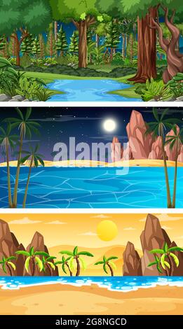 Three different nature horizontal scenes illustration Stock Vector