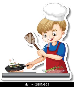 Sticker design with chef boy cooking food cartoon character illustration Stock Vector