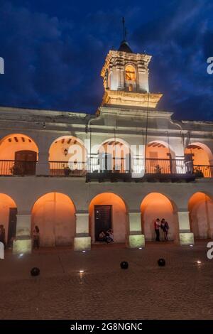 SALTA, ARGENTINA - APRIL 8, 2015: Building of the former town council (cabildo) on Plaza 9 de Julio square in Salta, Argentina. Stock Photo