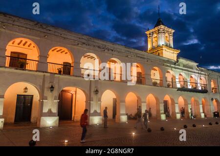 SALTA, ARGENTINA - APRIL 8, 2015: Building of the former town council (cabildo) on Plaza 9 de Julio square in Salta, Argentina. Stock Photo