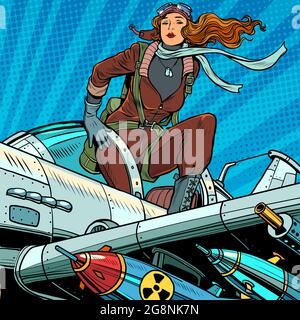 Pin-up military pilot. Beautiful woman in uniform on a plane with bombs and heavy weapons Stock Vector