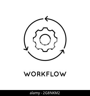 Workflow progress line icon. Gear wheel inside circle arrows. Industry, technology and business. Automation, artificial intelligence, machine learning Stock Vector