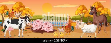 Panorama landscape scene with various farm animals in the forest ...