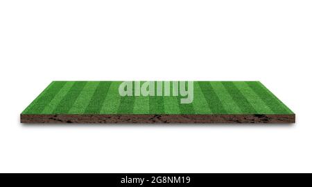 3D Rendering. Stripe grass soccer field, Green lawn football field, isolated on white background. Stock Photo