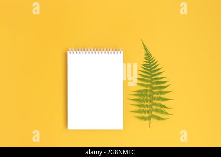 Notebook mock up with green fern leaf on a yellow baclground. Empty white paper. Stock Photo
