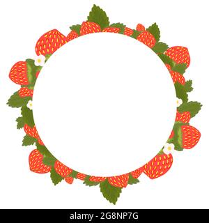 Round frame with strawberries, foliage, flowers and place for text. Border with summer berries for the menu. Vector template with fruits and copy spac Stock Vector