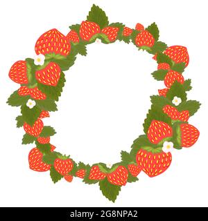 Round frame with strawberries, foliage, flowers and place for text. Circle border with summer berries for the menu. Vector template with fruits, leave Stock Vector