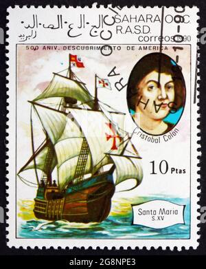 SAHARA - CIRCA 1990: a stamp printed in Sahrawi Arab Democratic Republic shows Cristobal Colon and Santa Maria, circa 1990 Stock Photo