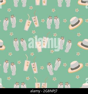 Vector travel fun seamless pattern background with flip flops, hats, shells, drinks glasses, sun. Retro color repeat with pastel vacation icons on Stock Vector